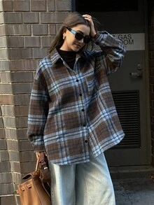 DAZY 撞色格纹宽松复古长袖口袋翻领休闲街头风女式外套，秋冬款 - 棕色 - 查看 7