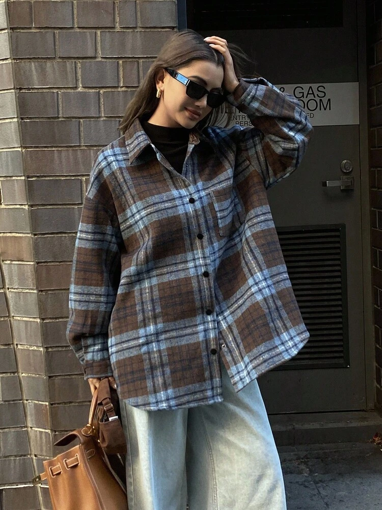 Contrast Plaid Loose Retro Long Sleeve Pocket Lapel Casual Street Overcoat For Women, Autumn/Winter Jacket