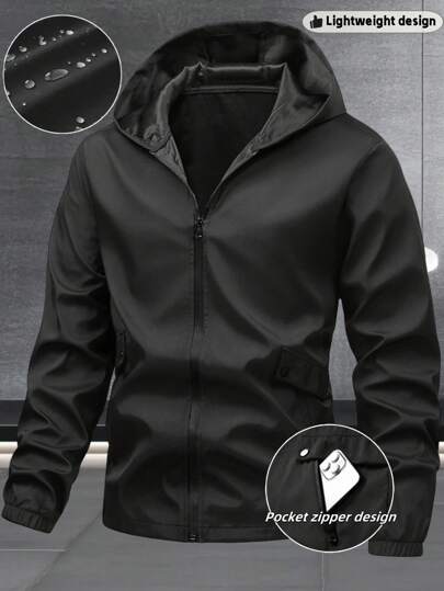 Manfinity Homme Plus Size Men's Casual Solid Color Hooded Jacket , Fall