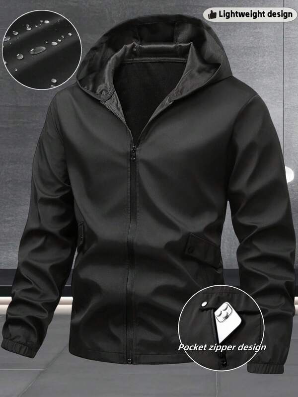 Manfinity Homme Plus Size Men's Casual Solid Color Hooded Jacket , Fall