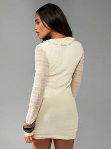 MISSGUIDED Feminine Ruched Mini Dress With Ruffle Trim Long Sleeve Mesh Victorian Style Western Cowgirl Party Evening Y2K Fashion Festival Wear Fall Winter - Apricot - View 2