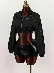 Amplova Áo khoác nữ mùa thu có chi tiết vá chữ tương phản viền ống màu đen - màu đen - Xem 4