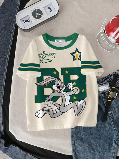 LOONEY TUNES X SHEIN 男童圆领短袖夏季舒适休闲卡通可爱运动学院条纹星星字母图案T恤