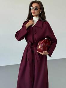 Aloruh 双排扣系腰长款大衣，纯色，适合秋冬季节穿着。 - 中紫紅色 - 查看 7