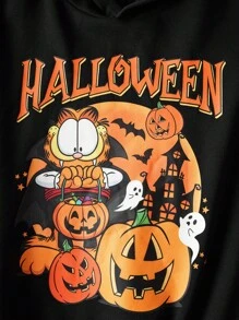 GARFIELD | SHEIN Tween Boy Cute Cartoon & Pumpkin Pattern Loose Fit Black Knit Hooded Sweatshirt For Halloween - Black - View 6