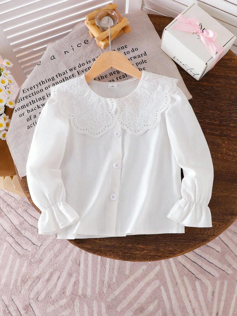 SHEIN Elladie kids 1pc Girls' Pure White Lace Trim Casual Blouse, Delicate Ruffle Big Peter Pan Collar, Cute Everyday Versatile Shirt For Autumn Fall Winter - White - View 1
