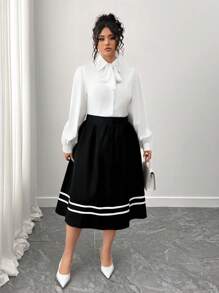 Elenzga Plus Size Women Casual Minimalist Color Block Trim Skirt - Black - View 7