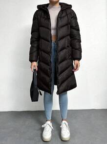 EURMUSE Women's Hooded Drawstring Padded Jacket - Black - View 5