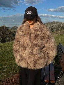 DAZY 女士动物纹长袖翻领宽松人造毛皮夹克女式外套 - 咖啡棕 - 查看 2