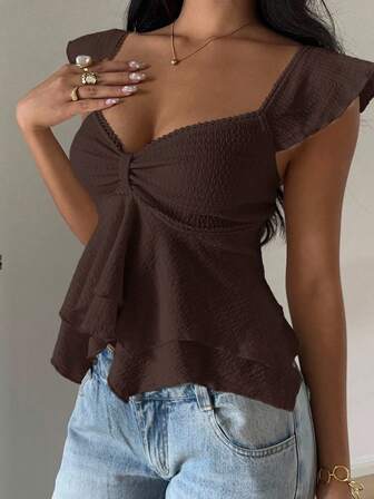MainGRL Women's Textured Knit Ruffle Hem Sweetheart Neck Cap Sleeve Elegant T-Shirt, Rave Top Ruffle Top Brown Top Women Chocolate Brown Top