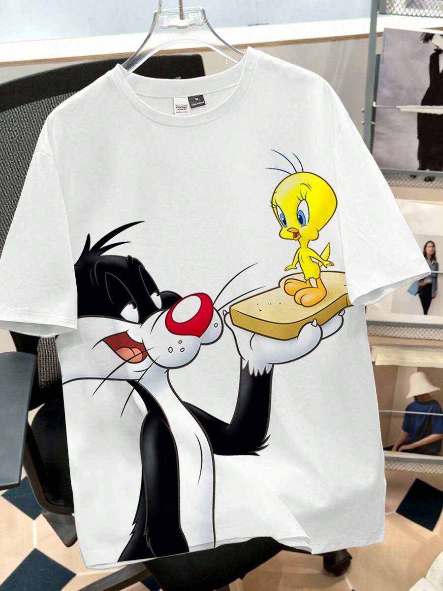 Looney Tunes X Manfinity Manfinity Joysei 男士休闲趣味卡通印花宽松落肩白色T恤，夏季 - 白色 - 查看 1