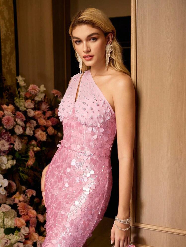 MOTF Soiréza ASYMMETRICAL NECK CONTRAST SEQUIN FAUX PEARL EVENING DRESS