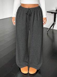 SHEIN EZwear 深灰色加大码休闲抽绳腰宽松直筒裤 - 深灰色 - 查看 1