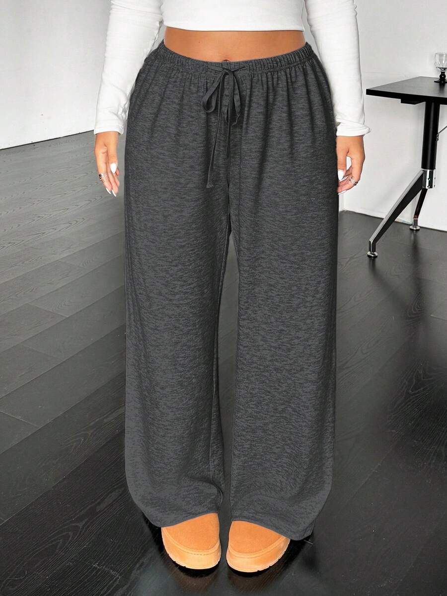SHEIN EZwear 深灰色加大码休闲抽绳腰宽松直筒裤 - 深灰色 - 查看 1