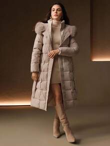 Anewsta 女士优雅束腰中长款蓬松可拆卸人造毛领绗缝拉链夹棉大衣，杏色 - 杏色 - 查看 3