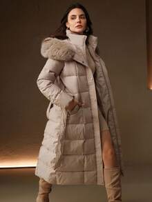 Anewsta 女士优雅束腰中长款蓬松可拆卸人造毛领绗缝拉链夹棉大衣，杏色 - 杏色 - 查看 4