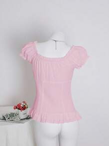 SHEIN Unity 女式夏季纯色收腰荷叶边系带短袖衬衫 - 粉色 - 查看 2