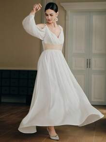 Anewsta 女式长袖串珠优雅长裙，白色，喇叭裙，新品上市