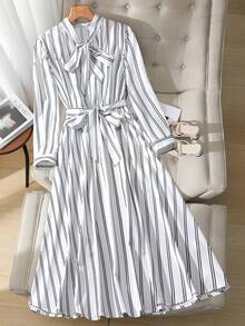 Franclia Elegant Striped Bowknot Collar Long Sleeve Waist Cinched Dress - White - View 3