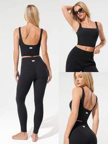 GLOWMODE Sujetador deportivo FeatherFit™ de cuello cuadrado con costillas flexibles y suaves, de bajo impacto, apto para yoga, pilates, estudio y uso diario casual, con copas desmontables - Negro - Ver 7