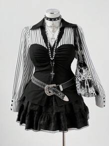 Sunspun 大码条纹撞色长袖修身休闲衬衫，适合上学、工作、优雅约会和聚会 - 黑色 - 查看 5