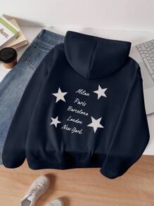 SHEIN Tween Girl 长袖字母印花简约连帽运动衫，日常休闲穿着 - 藏蓝色 - 查看 2