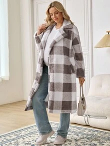 SHEIN Maternity Casual Plaid Regular Jacket, Autumn/Winter - Khaki - View 4