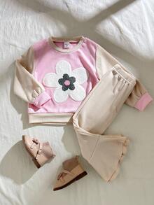 SHEIN Playful Pals Kleine Mädchen Set aus kontrastfarbigem Top mit Blumenstickerei und weiter Hose - Verschiedenfarbig - Übersicht 1