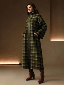 Anewsta Women's Elegant Classic Vintage Plaid Patchwork PU Leather High Collar Long Loose Wool Coat, Suitable For Halloween, Christmas, Fashion - Green - View 7