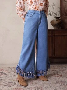 SHEIN LUNE Women's Casual Fringe Hem Wide Leg Cowboy Jeans - Blue - View 3