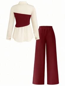 Rometta Conjunto casual de 2 piezas de talla grande para mujer con blusa de manga larga de color contrastante y pantalón de pierna ancha - Burdeos - Ver 2