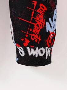 男士红蓝连帽连体裤，涂鸦笑脸元素，休闲街头个性夸张动感 - 黑色 - 查看 4