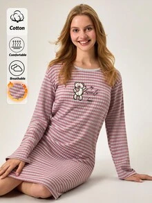 Loomlin Women Cotton Round Neck Rib Knit Striped Cute Bear&Letter Embroidery Detail Long Sleeve Homewear Pajama Sleep Dress - Multicolor - View 2