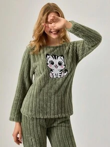 Loomlin 女士毛绒面料可爱小猫动物刺绣细节长袖衬衫和裤子家居服舒适保暖睡衣套装 - 綠色 - 查看 5