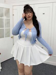 CovetEZ Plus Size Solid Color Tie-Up Knitted Cardigan, Spring/Summer In Fall/Winter - Baby Blue - View 1