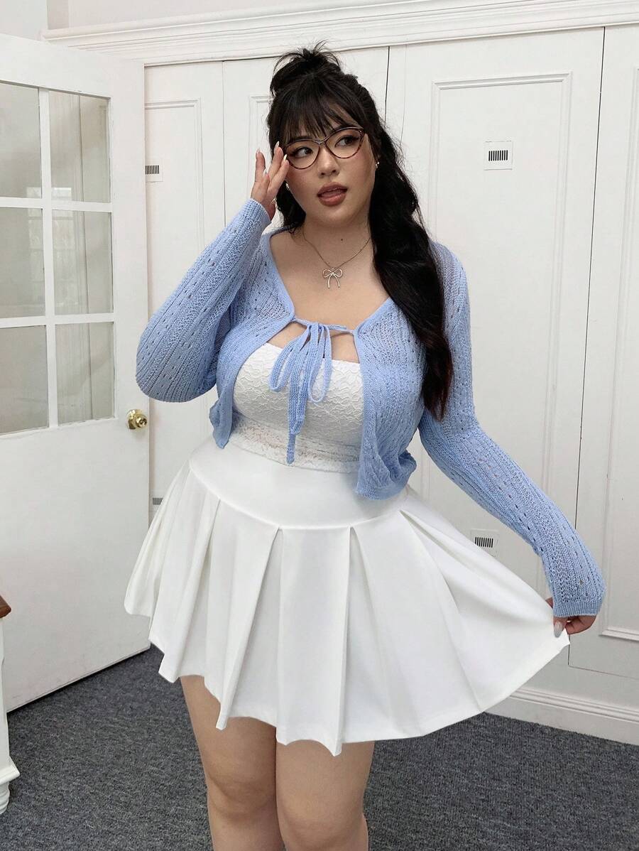 CovetEZ Plus Size Solid Color Tie-Up Knitted Cardigan, Spring/Summer In Fall/Winter - Baby Blue - View 1
