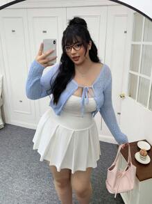 CovetEZ Plus Size Solid Color Tie-Up Knitted Cardigan, Spring/Summer In Fall/Winter - Baby Blue - View 7