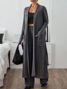 EURMUSE Women Cardigan With Rib Knit Grey Long With Belt,Cardigans,Petite,Tall - Grey - View 1