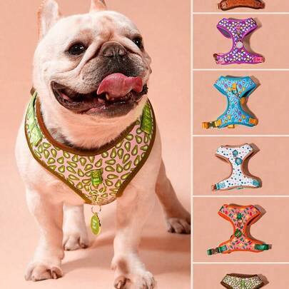 Zazumi 情人节和新年礼物 奢华设计高品质五金金色金属扣时尚印花宠物背带和 1 个配色 ID 标签 适合中小型和大型小狗节日礼物