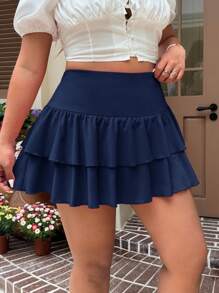 SHEIN EZwear 大码海军蓝高腰休闲A字裙 - 藏蓝色 - 查看 5