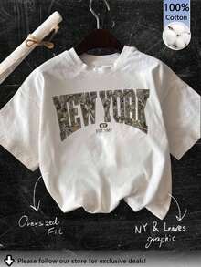 Tseoso 100% 纯棉超大休闲简约复古纽约与树叶图案圆领短袖 T 恤，适合女性、Y2K、复古、街头服饰、嘻哈、夏季出游、外出、返校、派对、毕业 - 白色 - 查看 5