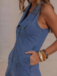 Aralina 夏季/冬季/秋季牛仔无袖彼得潘领连体裤，完美搭配夏季度假装或海滩度假装和 Y2K 斯德哥尔摩风格 - 中等水洗藍 - 查看 7