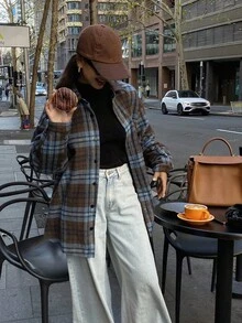 DAZY 撞色格纹宽松复古长袖口袋翻领休闲街头风女式外套，秋冬款 - 棕色 - 查看 4