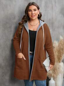 SHEIN LUNE 冬季女装两用口袋抽绳连帽大衣 - 棕色 - 查看 7
