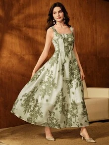 Anewsta Elegant Patchwork Cinched Waist Sleeveless Printed Dress For Women - Green - View 3