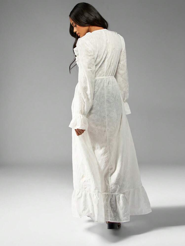 MISSGUIDED Broderie Anglaise Maxi Beach Cover Up Robe Long Sleeve White Eyelet Ruffle Vacation Summer Festival Beachwear Swimsuit Cover Up