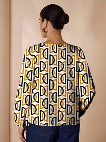 Glamance Shutterstock 女式 V 领拼色长袖休闲几何印花纯色衬衫，适合户外、办公室、商务、旅行、机场、街头、秋冬季女士衬衫现代女士衬衫几何印花衬衫女式印花衬衫 - 彩色 - 查看 2