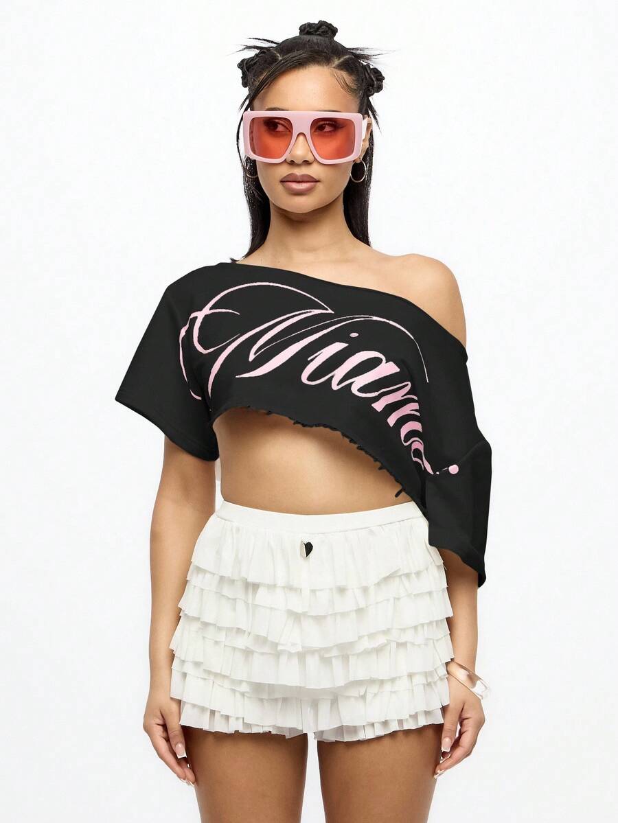 SUMWON WOMEN Off Shoulder Raw Edge Cropped Graphic Tee Alternative Festival Clothing Ruffled Distressed Aesthetic Y2K Fashion Edgy Club Party Wear