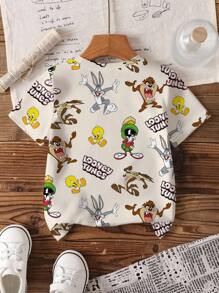 LOONEY TUNES X SHEIN Young Boy 2pcs/Set Casual Cartoon Graphic Crew Neck Short Sleeve T-Shirts, Blue & Apricot, Summer - Multicolor - View 2