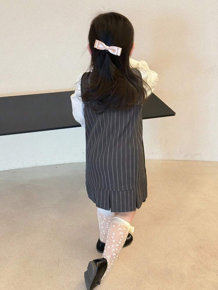 Baby Girl Solid Color Long Sleeve Shirt And Striped Vest Dress Cute 2-Piece Set Fall,Winter Toddler Girls Clothes